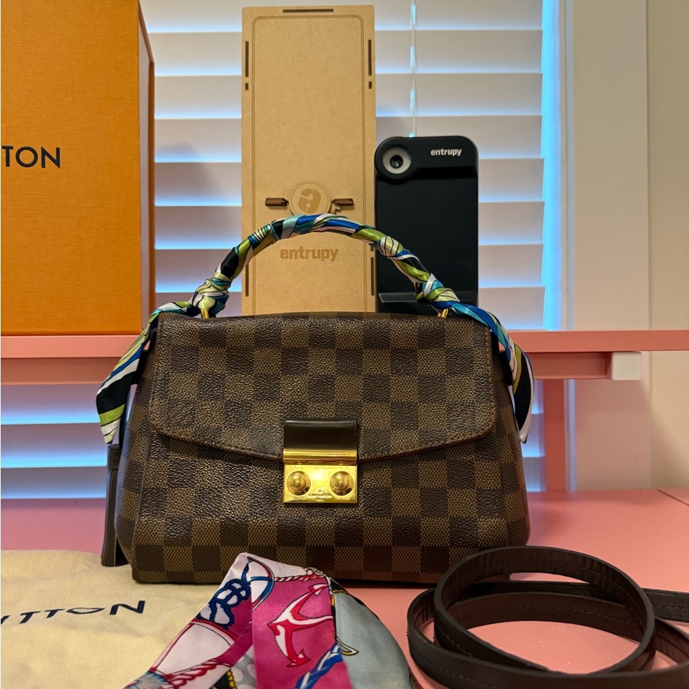 Louis Vuitton Brown Checkered Satchel with Gold Accent